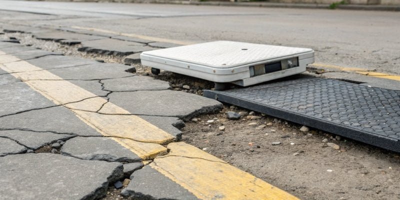 A portable axle scale placed on uneven, cracked pavement with a warning icon