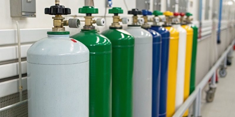 Medical Gas Cylinder Identification A collection of medical gas cylinders showing distinct color codes and labels for identification.