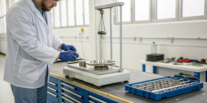 Regular maintenance of a weighing scale A technician calibrating an industrial scale in a clean environment