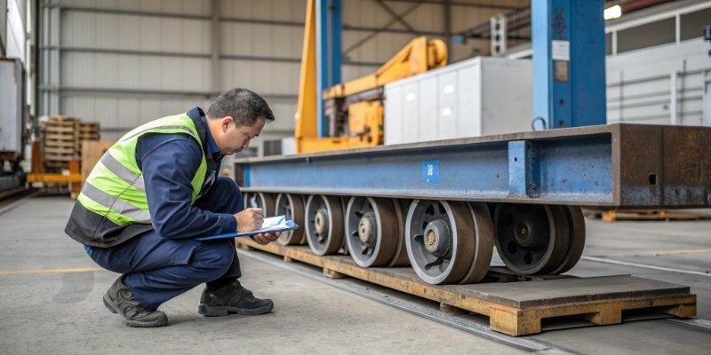 A worker inspecting the durable steel construction and wheels of a pallet scale