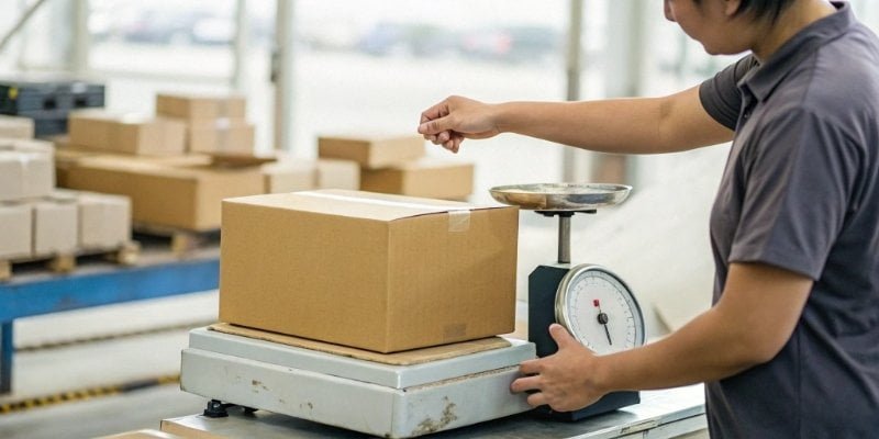 Reducing Cost Per Delivery A person using a a shipping scale and optimizing package size on a packing station.