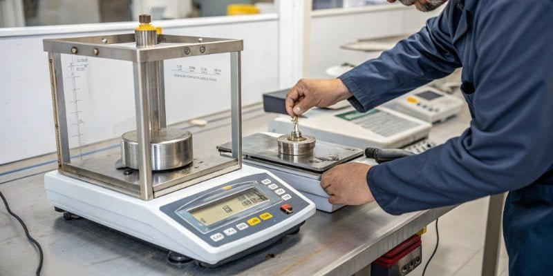 A technician placing a certified calibration weight onto an industrial scale to perform a recalibration.