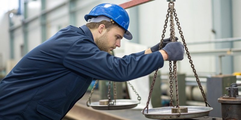 A technician calibrating an industrial scale with test weights