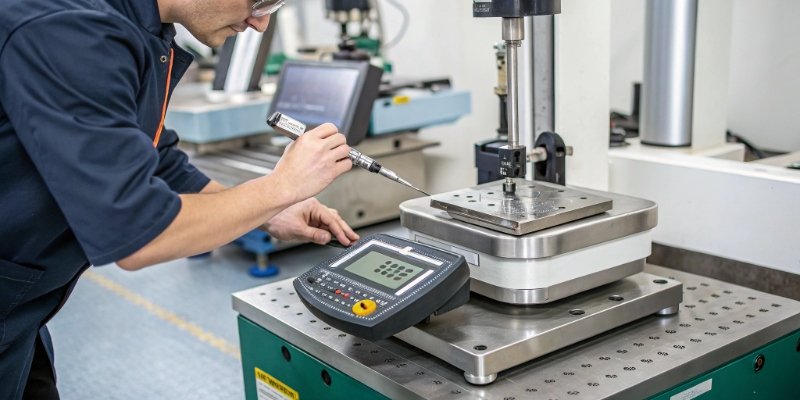 Accuracy of an Industrial Scale A quality inspector testing the accuracy of an industrial platform scale
