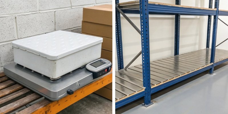 Correct Scale Storage A digital scale stored correctly on a flat, sturdy shelf, next to one stored incorrectly on its side.