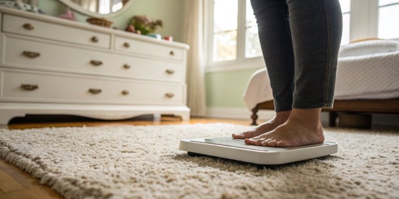 A person standing on a digital scale placed on a thick carpet