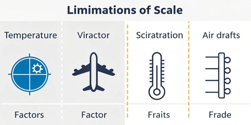 An icon-based chart showing limitations of a scale: temperature, vibration, air drafts, and a capacity vs precision balance icon.