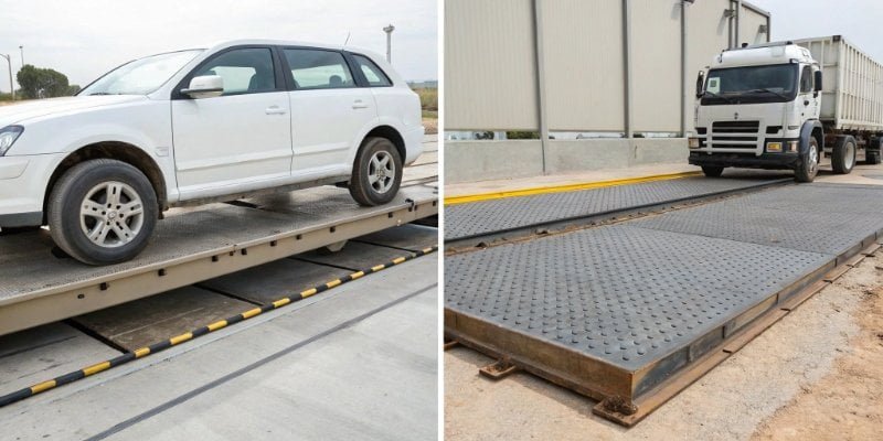 A split image with a portable axle scale on one side and a large permanent weighbridge on the other