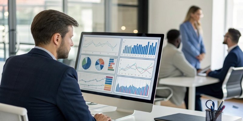 Weighing Data for Decision-Making A manager reviewing supply chain analytics on a dashboard