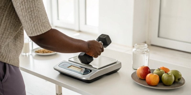 A person placing a weight on a scale and looking closely at the digital display.