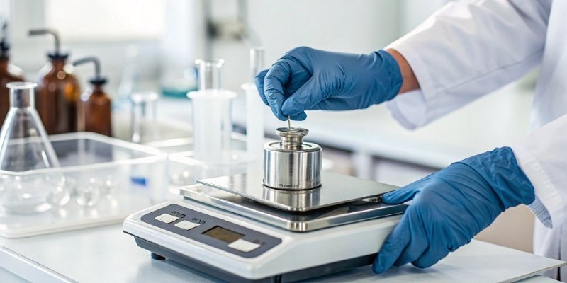Calibrating a Laboratory Scale for Accuracy A certified calibration weight being placed carefully on a lab scale