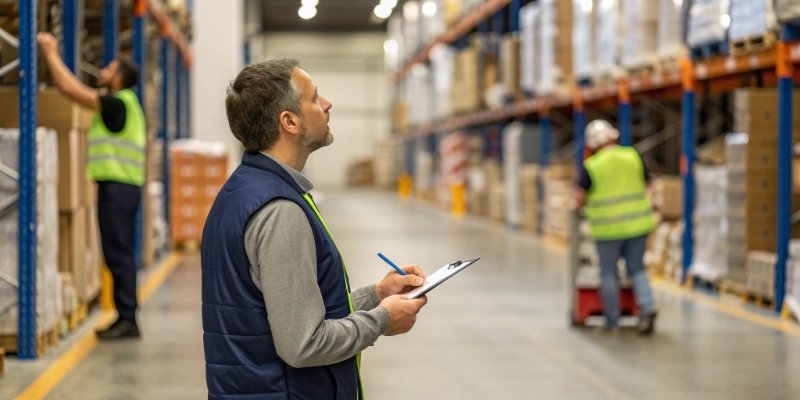 A warehouse manager with a clipboard analyzing the workflow in an aisle