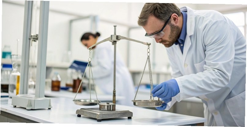 Long-Term Lab Balance Costs A technician calibrating a laboratory balance with certified weights