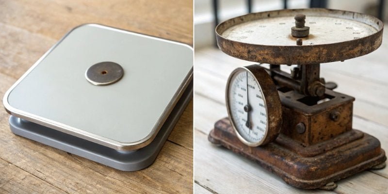 Digital vs Mechanical Scale A side-by-side comparison of a modern digital scale and an old, rusty mechanical dial scale.