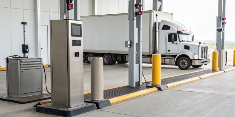 An unattended weighing terminal with a screen, card reader, and ticket printer next to a truck scale.