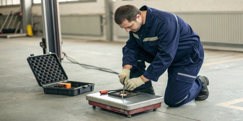 Weighing Scale Technician Service A technician in uniform using tools to service an industrial weighing scale.