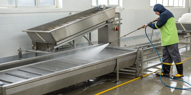Scale for Harsh Environments A stainless steel industrial scale being power-washed in a food processing plant