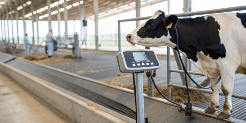 Precise Cattle Scale Measurement A digital display showing a stabilized weight reading while a cow is moving on the scale.