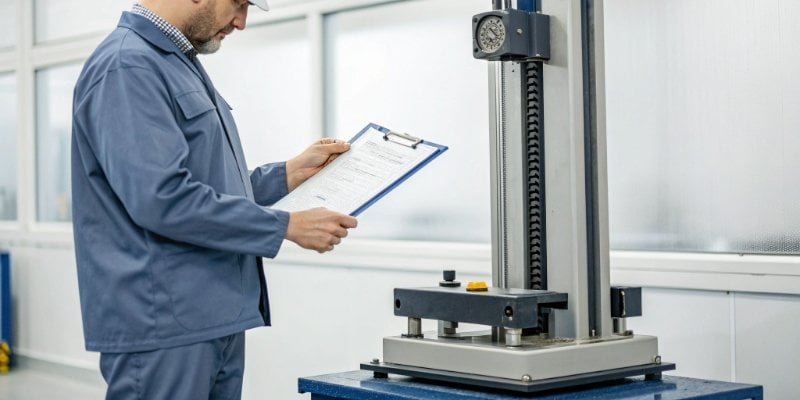 Guaranteed Scale Accuracy A quality control inspector holding a certificate next to a Weigherps industrial scale, showing high accuracy