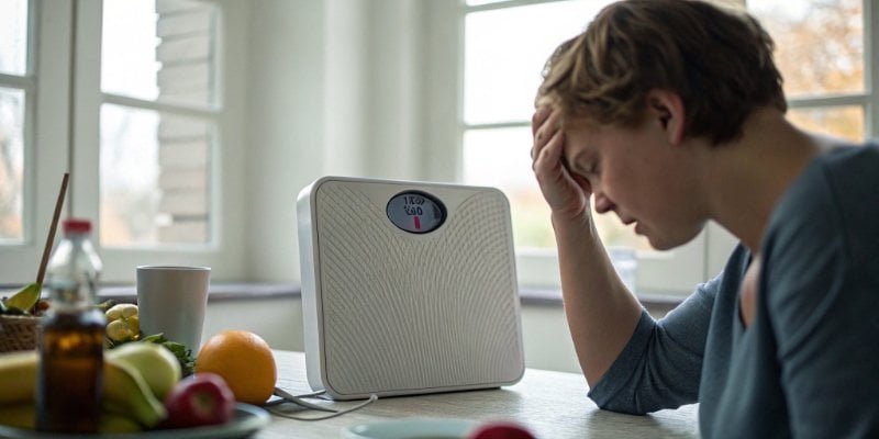 Inconsistent Scale Readings A person looking confused at a digital scale that is displaying fluctuating numbers.