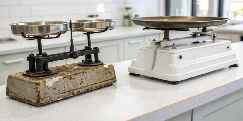 A side-by-side comparison of an old lab scale and a new modern one.