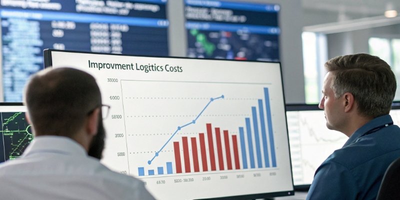 Logistics Cost Analysis Dashboard A dashboard graph showing a downward trend in logistics costs, with labels like "Reduced Waste," "Inventory Optimization," and "Labor Savings."