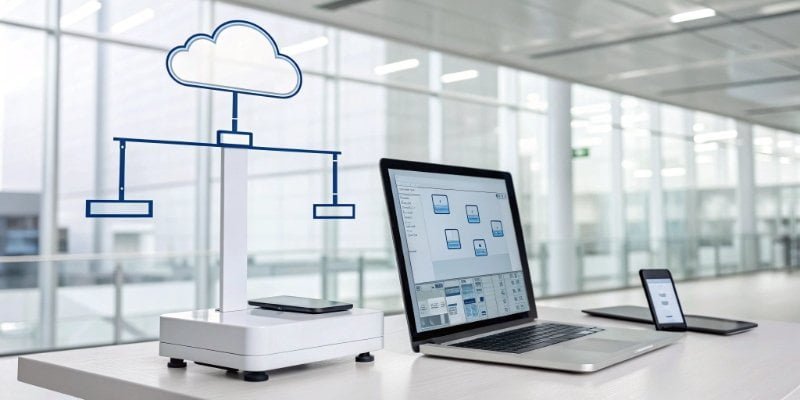 A diagram showing a weighing scale connected to the cloud, a computer, and a mobile device