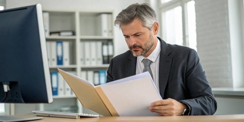 A quality manager reviewing calibration certificates and documentation in a folder.