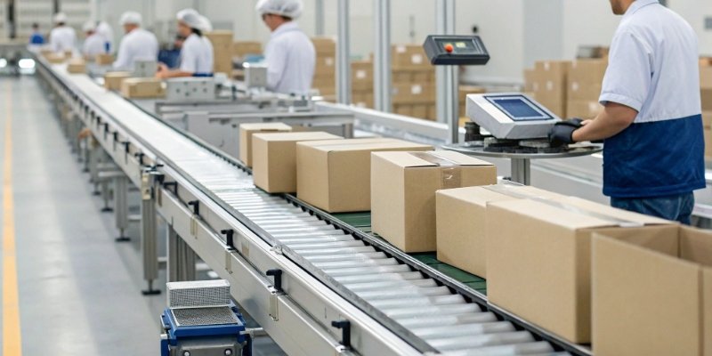 A streamlined production line with a smart scale at a key checkpoint