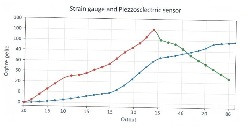 Piezoelectric vs. Strain Gauge Sensor Output A graph comparing the output of a strain gauge and a piezoelectric sensor over time