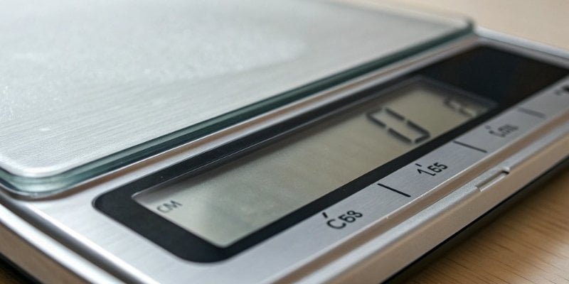 A close-up shot of a digital scale's display, with an arrow pointing to the last decimal place to illustrate the concept of division or smallest increment.