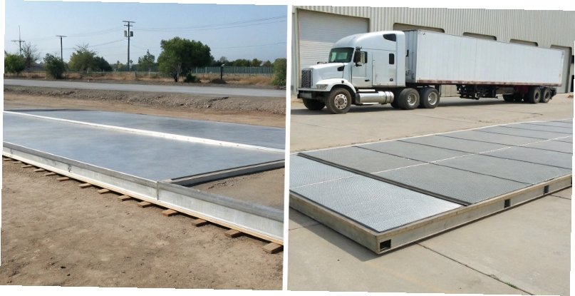 Steel vs Concrete Truck Scale Cost Side-by-side images of a steel deck and a concrete deck truck scale