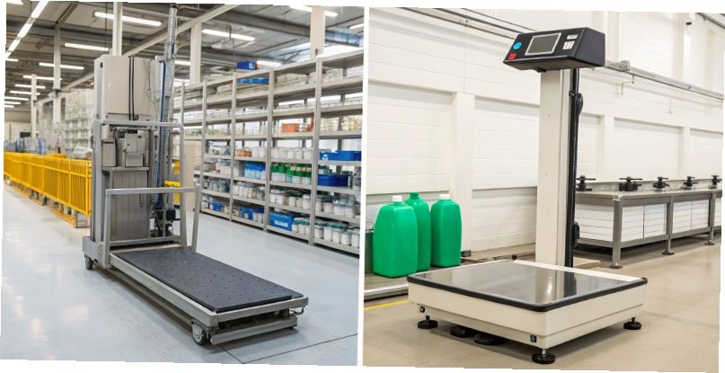 Comparing Industrial and Commercial Scales A side-by-side comparison of a rugged industrial scale and a sleek commercial retail scale