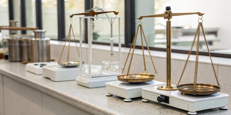 Types of Laboratory Balances A lineup of different laboratory balances, from a large precision balance to a smaller analytical balance.