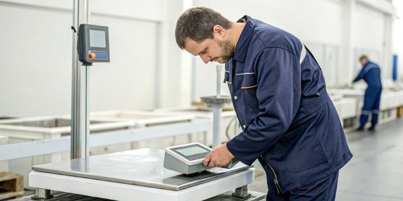 Reliable Weighing Scales Manufacturing An image showing a Weigherps technician performing a quality control check on a scale before shipping