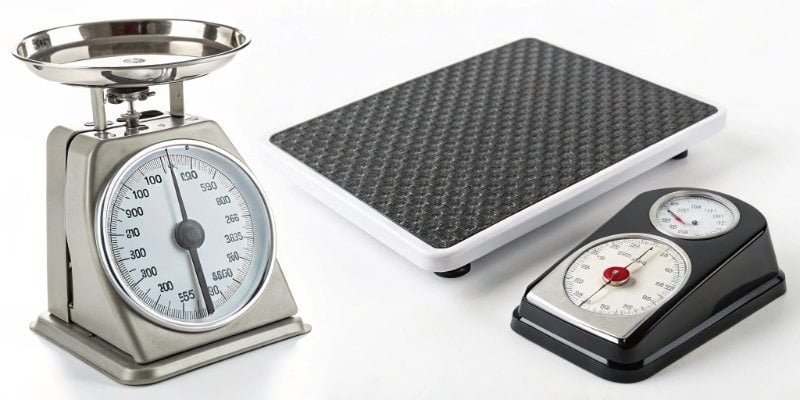 A collage of different weighing tools: a bathroom scale, a kitchen scale, an industrial platform scale.