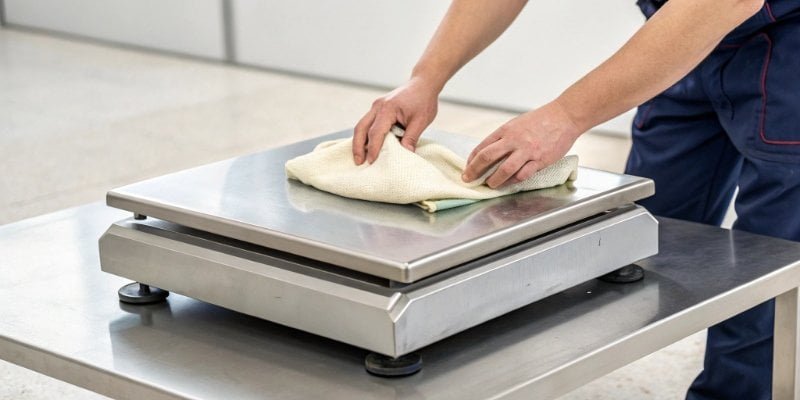A worker gently wiping down the stainless steel platform of an industrial bench scale with a soft cloth.