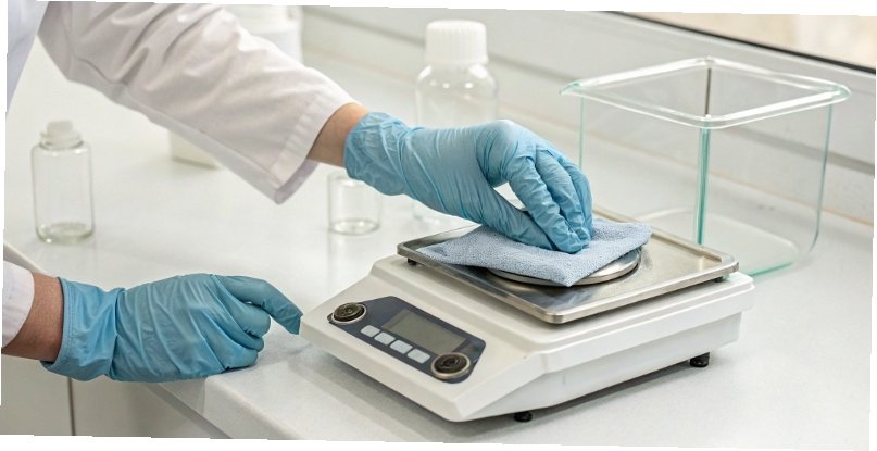 Cleaning an Analytical Balance A gloved hand cleaning an analytical balance with a soft cloth.