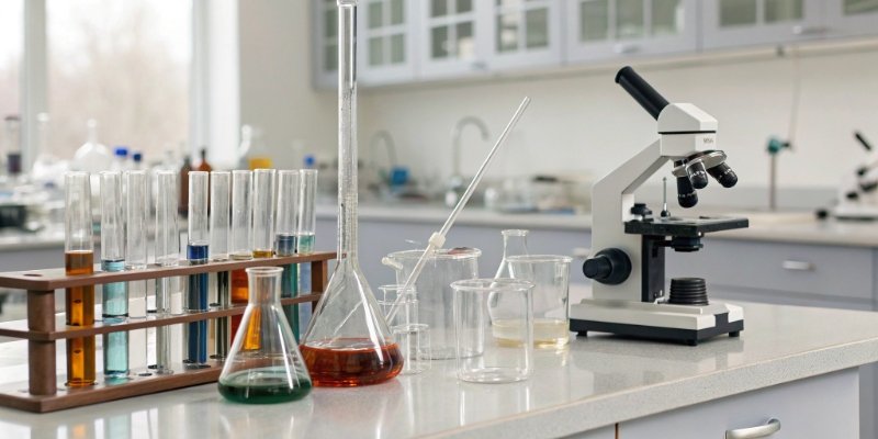 20 Laboratory Apparatus A laboratory bench filled with various glassware and equipment like beakers, flasks, and a microscope