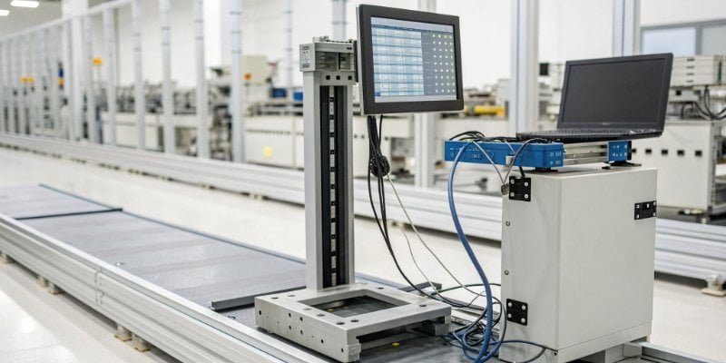 An industrial scale connected to a computer system displaying live data