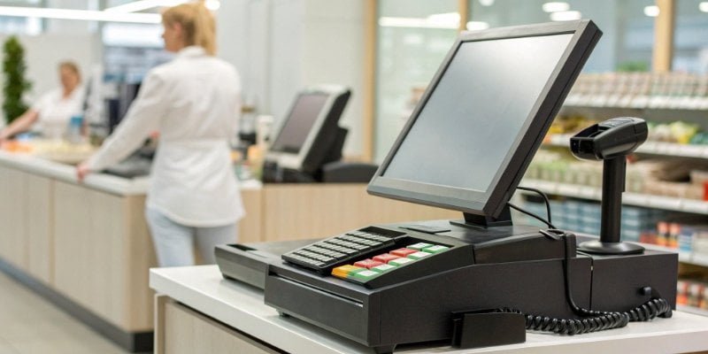 Modern Cash Register System A modern cash register system in a retail store