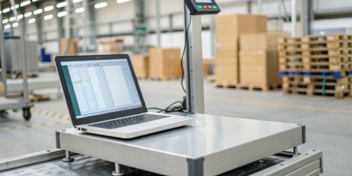 Intelligent Scale Software Integration An intelligent industrial scale connected to a computer displaying software interface