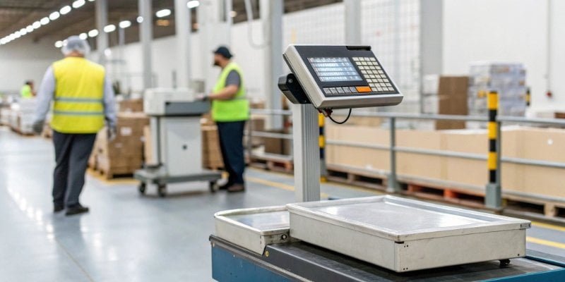 An all-in-one industrial label printing scale on a factory floor