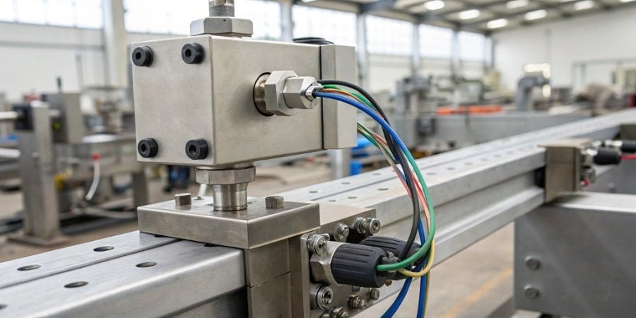 a close-up of an industrial load cell mounted on a machine