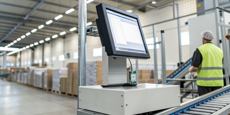 A modern industrial PC-based scale connected to a factory management system on a computer screen.