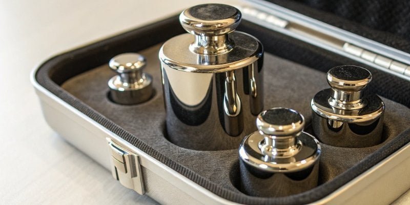 A set of shiny calibration weights in a protective case
