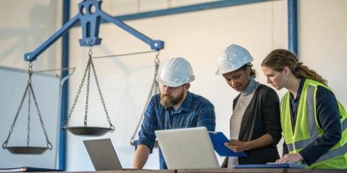 A team of engineers collaborating on a project with weighing scales and computers in the background.
