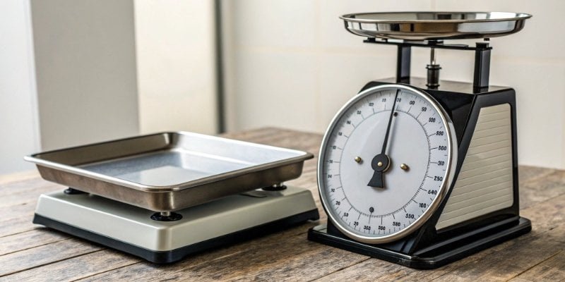 Digital vs Analog Weighing Scales A modern digital industrial scale next to an old-fashioned analog scale.