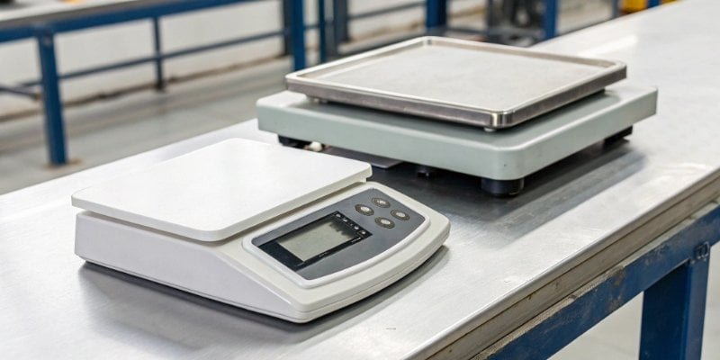 Cheap vs Professional Digital Scales A cheap digital scale next to a professional industrial scale on a workbench