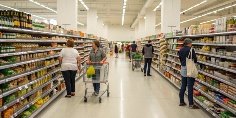 Grocery Store Inventory Management A busy grocery store aisle with stocked shelves